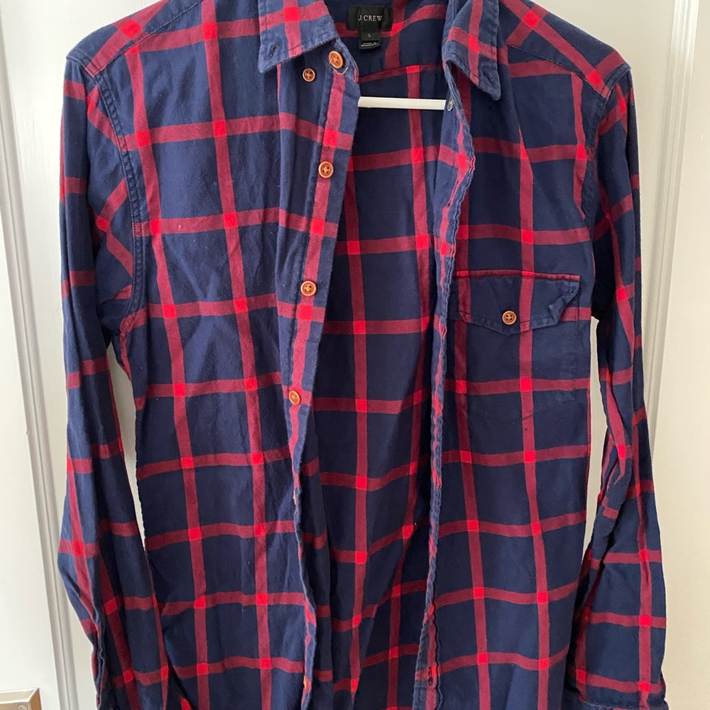 J. Crew Men's Navy and Red Checkered Shirt